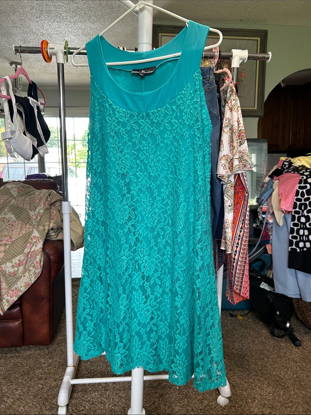 Ellen Parker Blue Green Lace Midi Dress Size XL